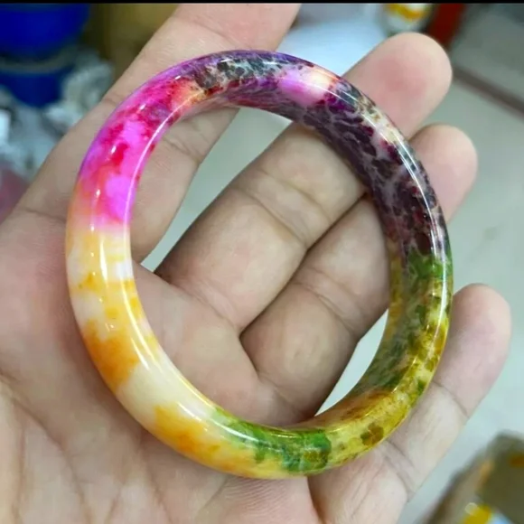 Natural Peacock Peach Blossom Jade Bracelet Bangle 56-64mm - Picture 1 of 5